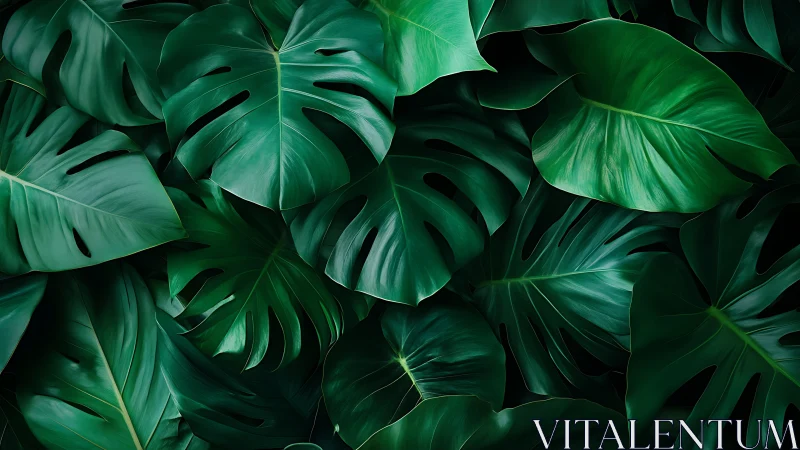 Overlapping dark green monstera foliage in dense arrangement.
