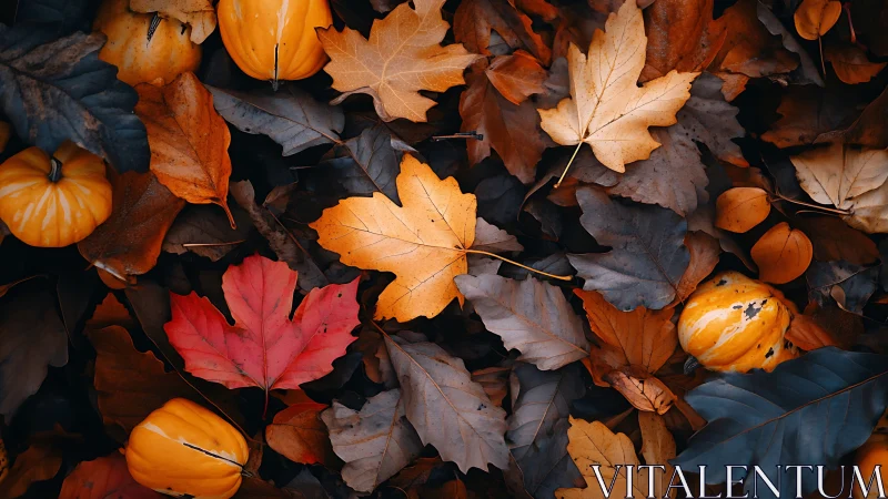 Overhead view records fallen autumn leaves and small gourds