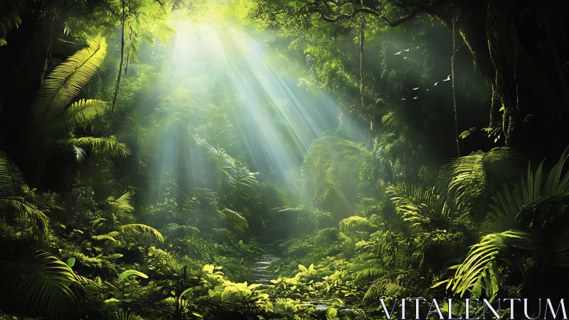 Sunlit Jungle Canopy with Dense Tropical Vegetation.