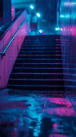 Neon lit stairwell glows through heavy night rain