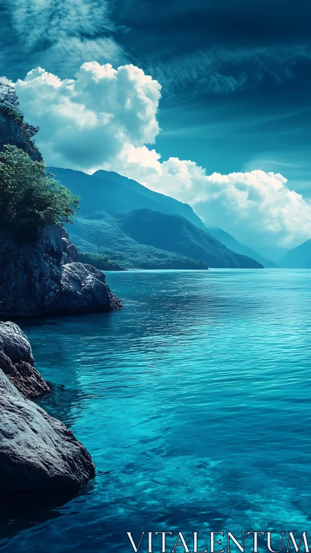 Coastal rock formations border a calm, cyan-toned sea