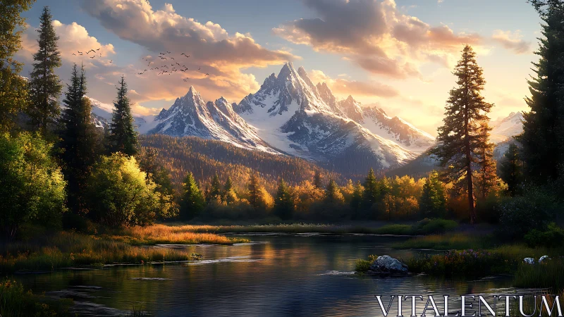 Golden hour illuminates tranquil river beneath snowy peaks