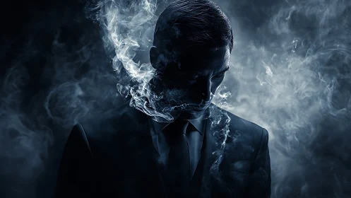 Smoky silhouette portrait of suited man in moody blue light.