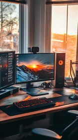 Warm-lit dual monitor workstation with RGB keyboard glow.