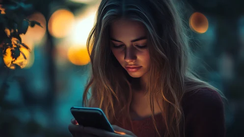 Young woman studies glowing phone screen in dusk bokeh light