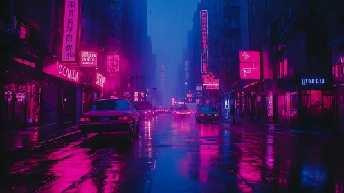 Neon rainstorm baptizes a midnight cyberpunk city street.