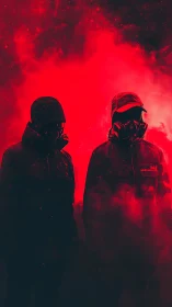 Two masked figures stand in dense red atmospheric smoke