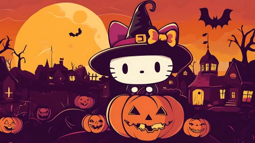 Cute witch cat sits on glowing jack o lanterns at dusk.