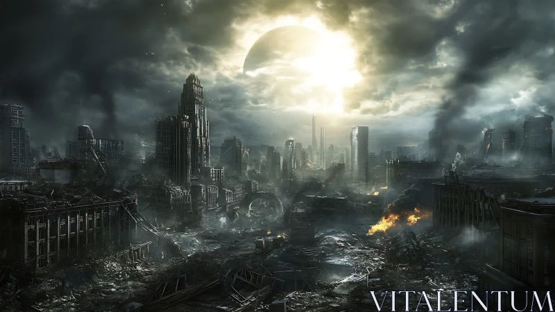 Ruined future megacity burns under eclipsed toxic sky