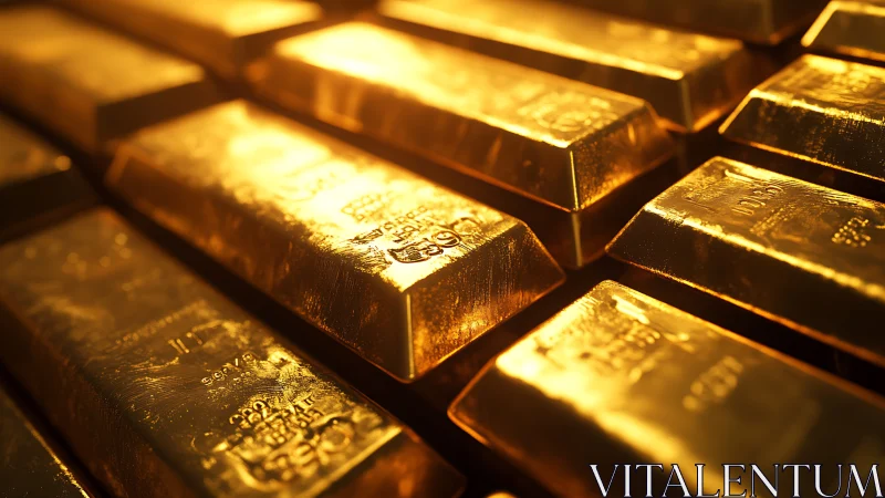 Stacked gold bullion bars under warm directional light.