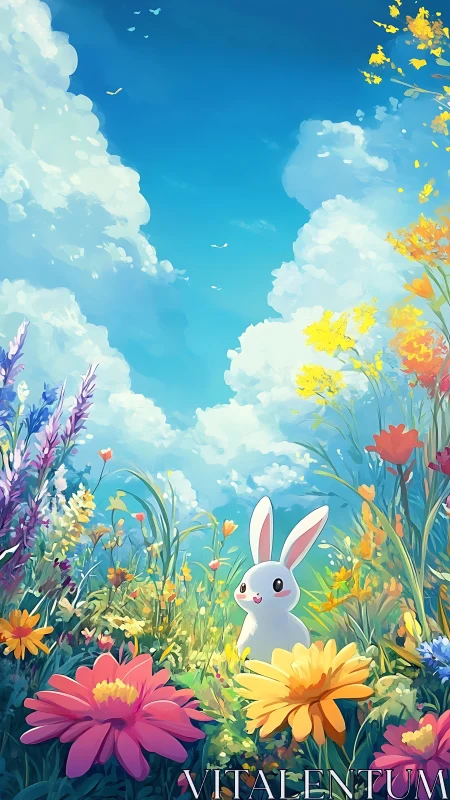 Cute white bunny sitting in bright wildflower meadow scene.