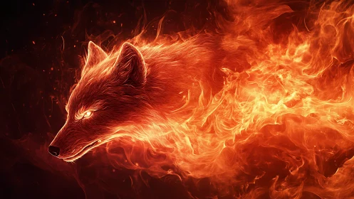 Fiery wolf head rendered as flowing flames on dark background