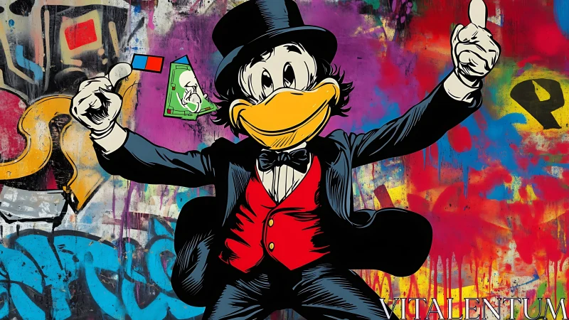 Cartoon duck in tuxedo stands before vivid graffiti wall