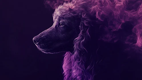 Starlit violet dog draped in drifting luminous smoke.
