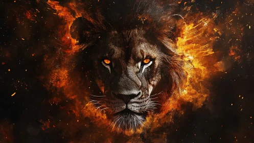 Fire crowned lion portrait within erupting molten blaze.