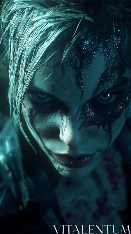 Intense close-up of eerie, bloodstained warrior face.