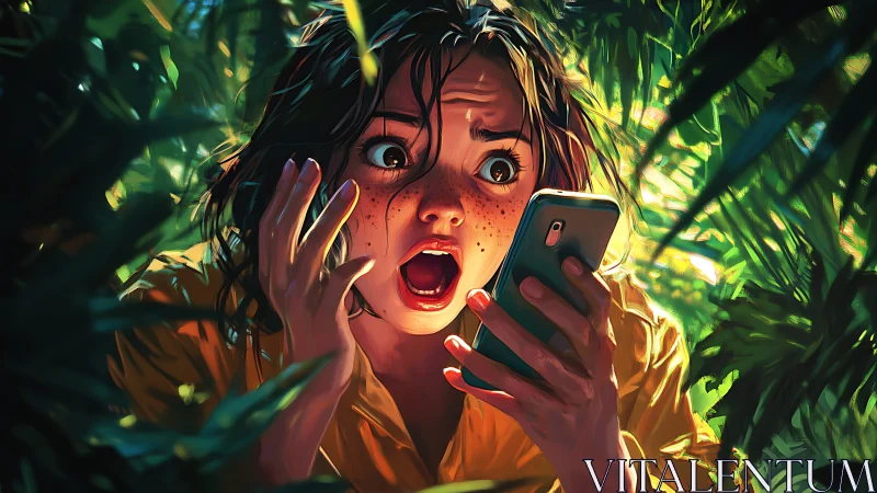 Shocked young woman stares at her phone in lush jungle light
