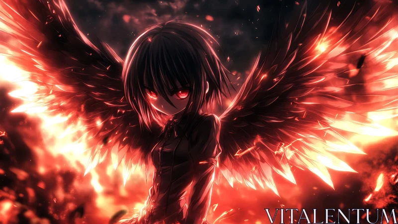 Dark winged guardian glowing in a storm of crimson fire.