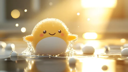 Cute yellow cartoon character splashing in water, warm lighting.