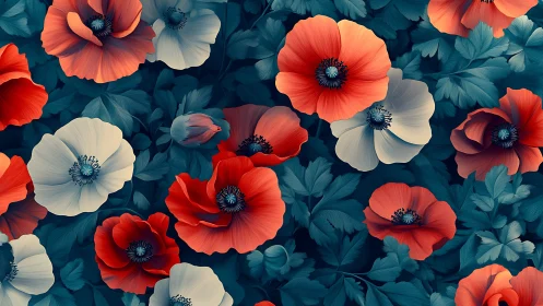 Vibrant Poppies and Cream Blooms Against Deep Teal.