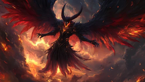 Infernal winged entity dominates blazing storm sky.