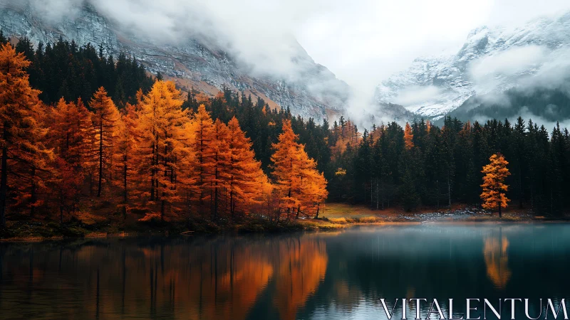 Autumn forest reflections beneath misty alpine peaks.