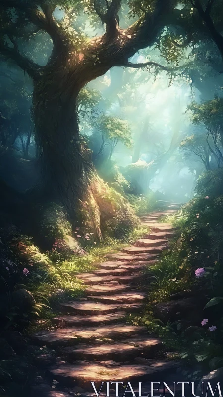 Misty Forest Path Through Ancient Tree Canopy