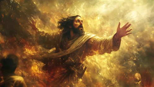 Radiant robed figure ascending through swirling golden fire.