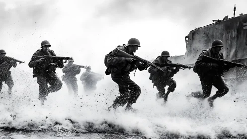 World War II amphibious assault troops advancing through surf