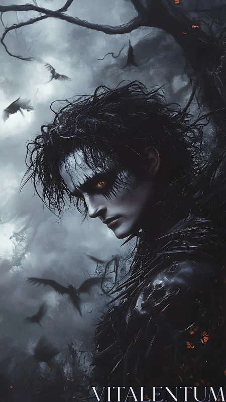 Dark-clad figure with avian forms occupies a misted forest