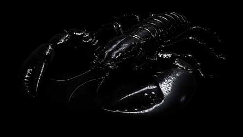 Glossy black lobster render set against deep black background