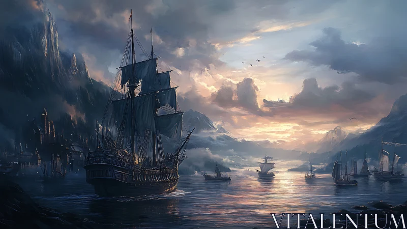 Stormlit galleons chase sunrise across misty mountain bay.