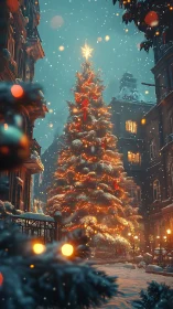 Snowy city street dominated by glowing Christmas tree.