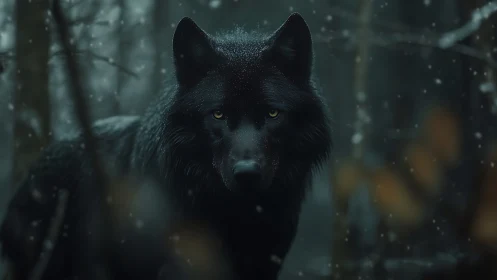 Black wolf meets the viewer in a silent, snow‑dusted forest.