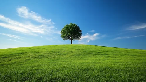 Lone Tree on Green Hill Under Clear Blue Sky, Minimalist Landscape.