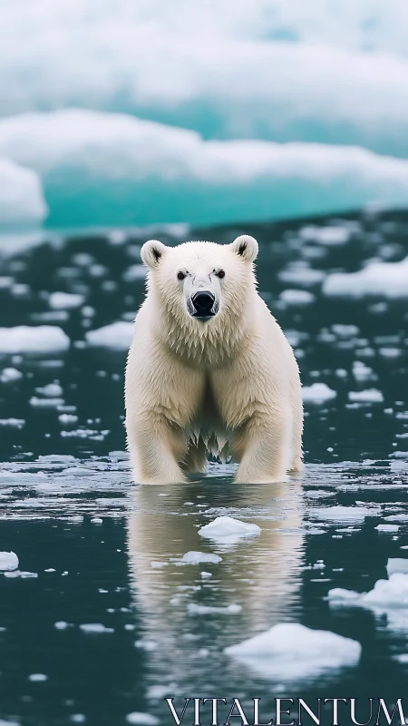 Icewater monarch: polar bear poised on a thawing mirror sea.