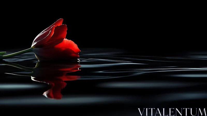 Red tulip on reflective water with high-contrast low key lighting