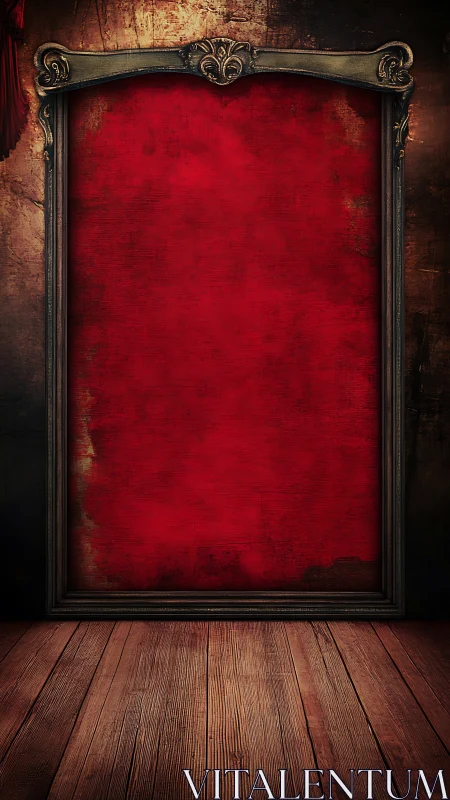 Ornate empty frame surrounds textured red canvas backdrop