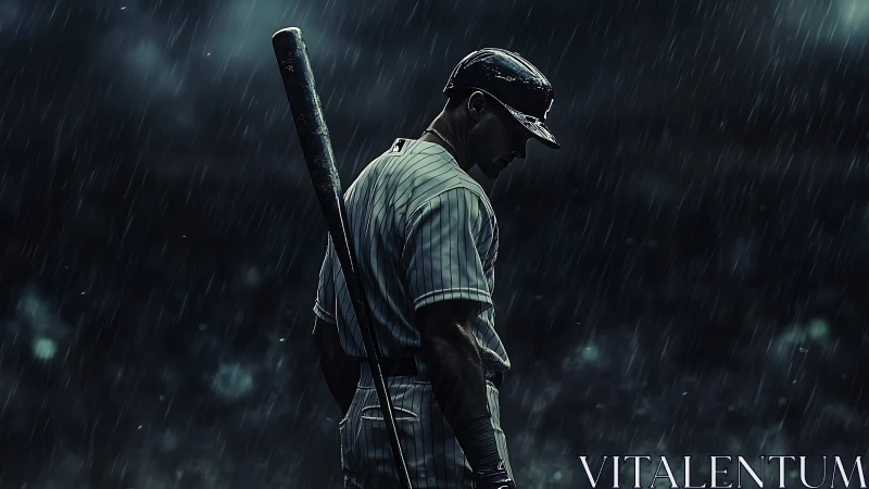 Moody backlit baseball batter under heavy stadium rain