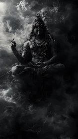 Monochrome astral yogic deity amid volumetric storm clouds.