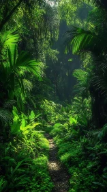 Dense tropical rainforest canopy with light-filtered pathway through vegetation