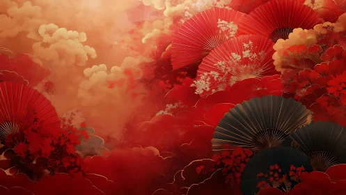 Crimson fan clouds with layered Japanese floral motifs.