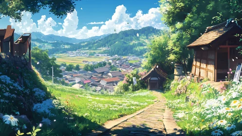 Sunny hillside path overlooking peaceful rural village.