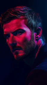 Moody portrait under vivid neon red and blue lighting.