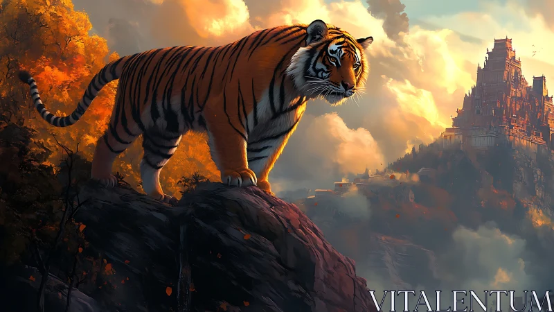 Tiger stands on rocky outcrop before distant hilltop fortress