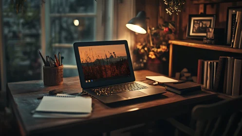 Warm photorealistic home office desk with laptop centerpiece.