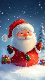 Joyful cartoon Santa laughs amid falling Christmas snow.
