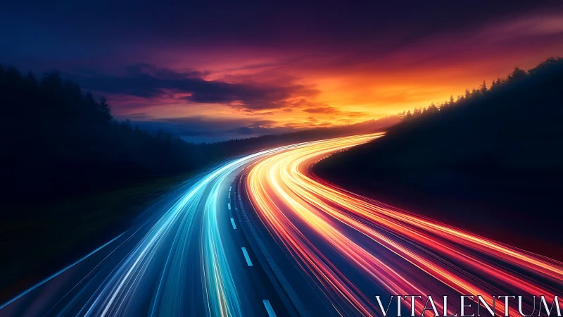 Highway comets streak toward a burning electric horizon