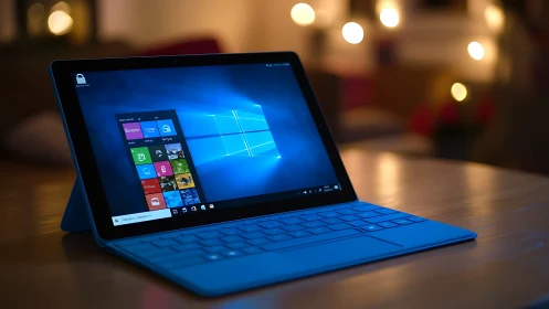 Backlit tablet PC running Windows 10 in low-light bokeh environment