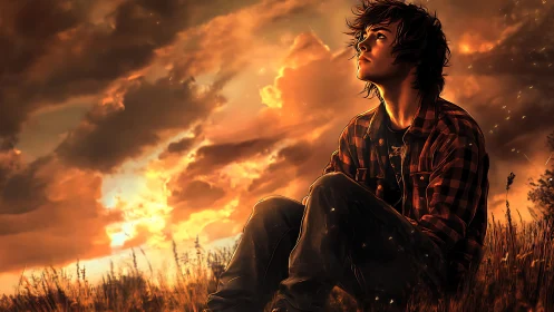 Contemplative youth in sunset field rendered in warm digital painting